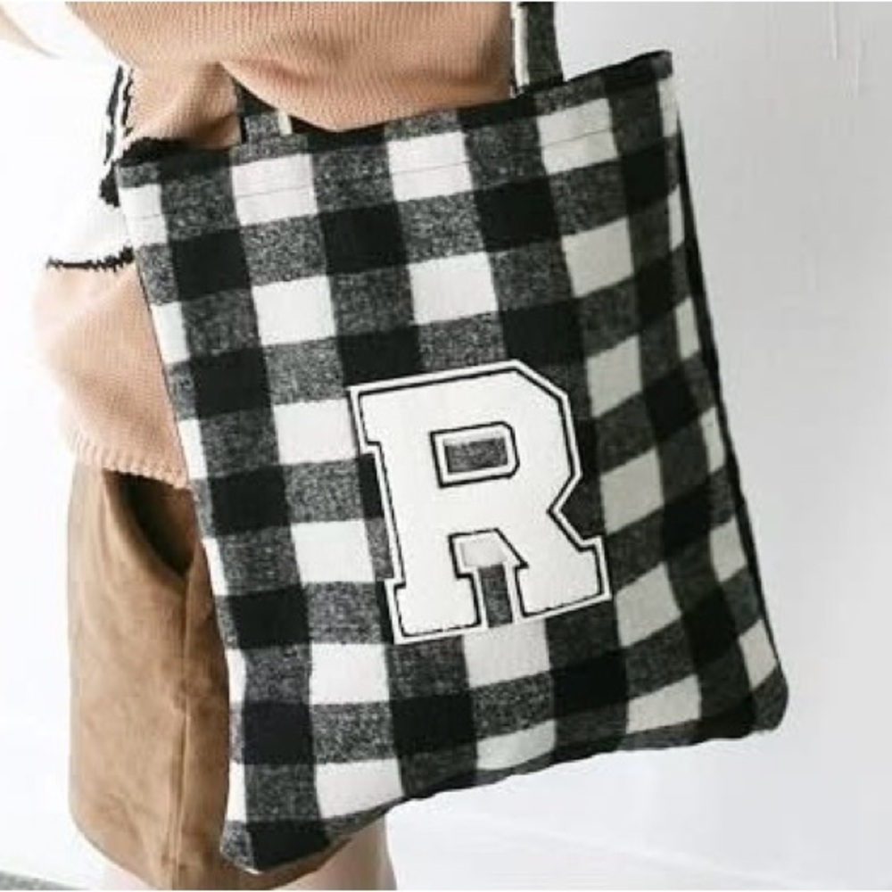 Plaid Varsity “R” Tote Bag - Black & Cream Checkered